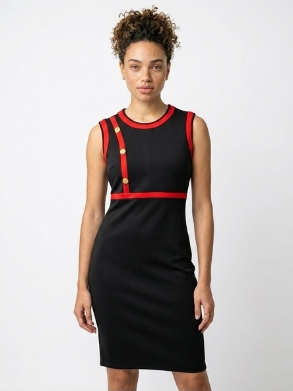 New-Enfocus Studio Sleeveless Black Dress with Red Trim & Gold Buttons Size-10